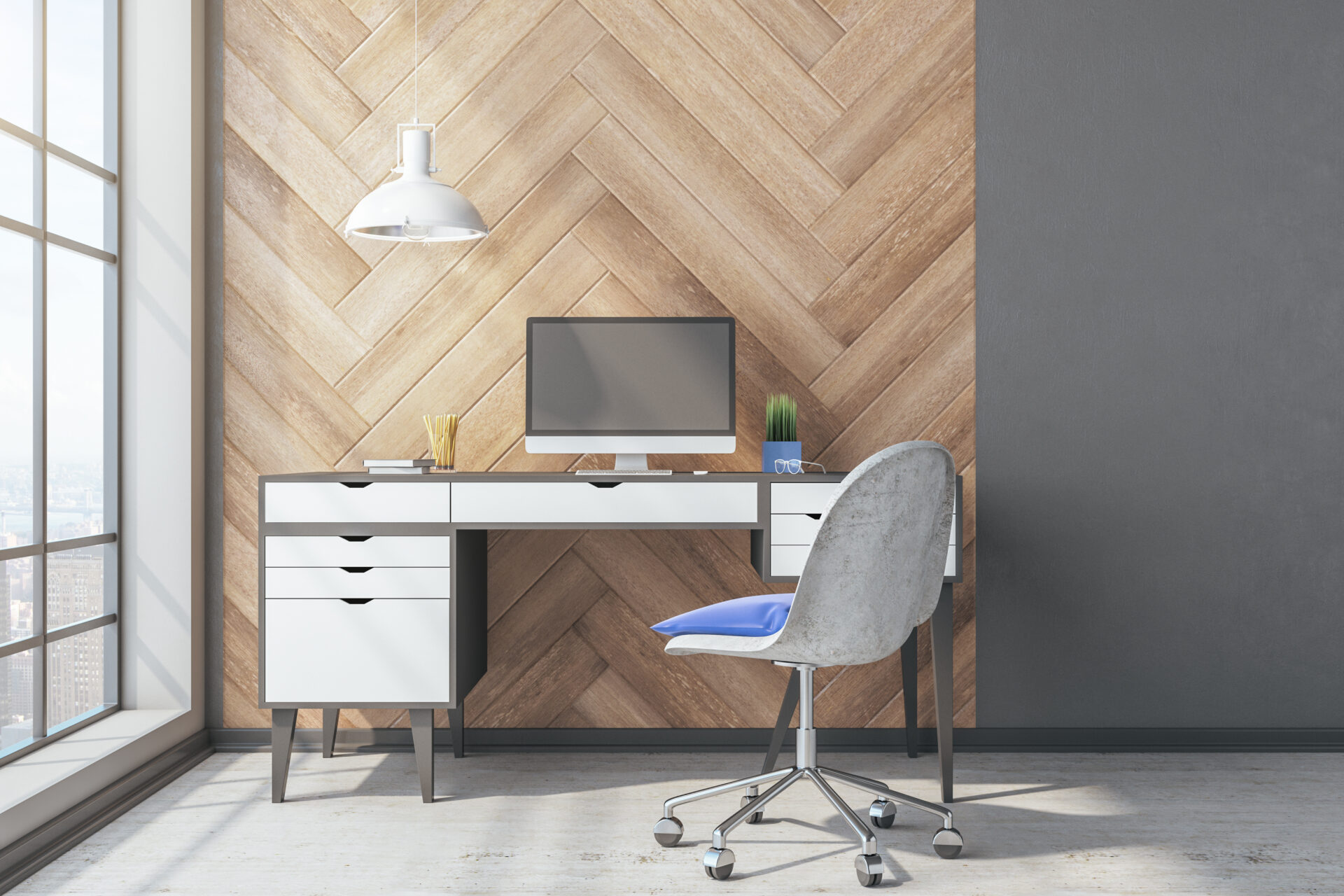 Modern designer desktop with empty computer screen, keyboard and wooden wall. Online advertisement and digital education concept.  3D Rendering