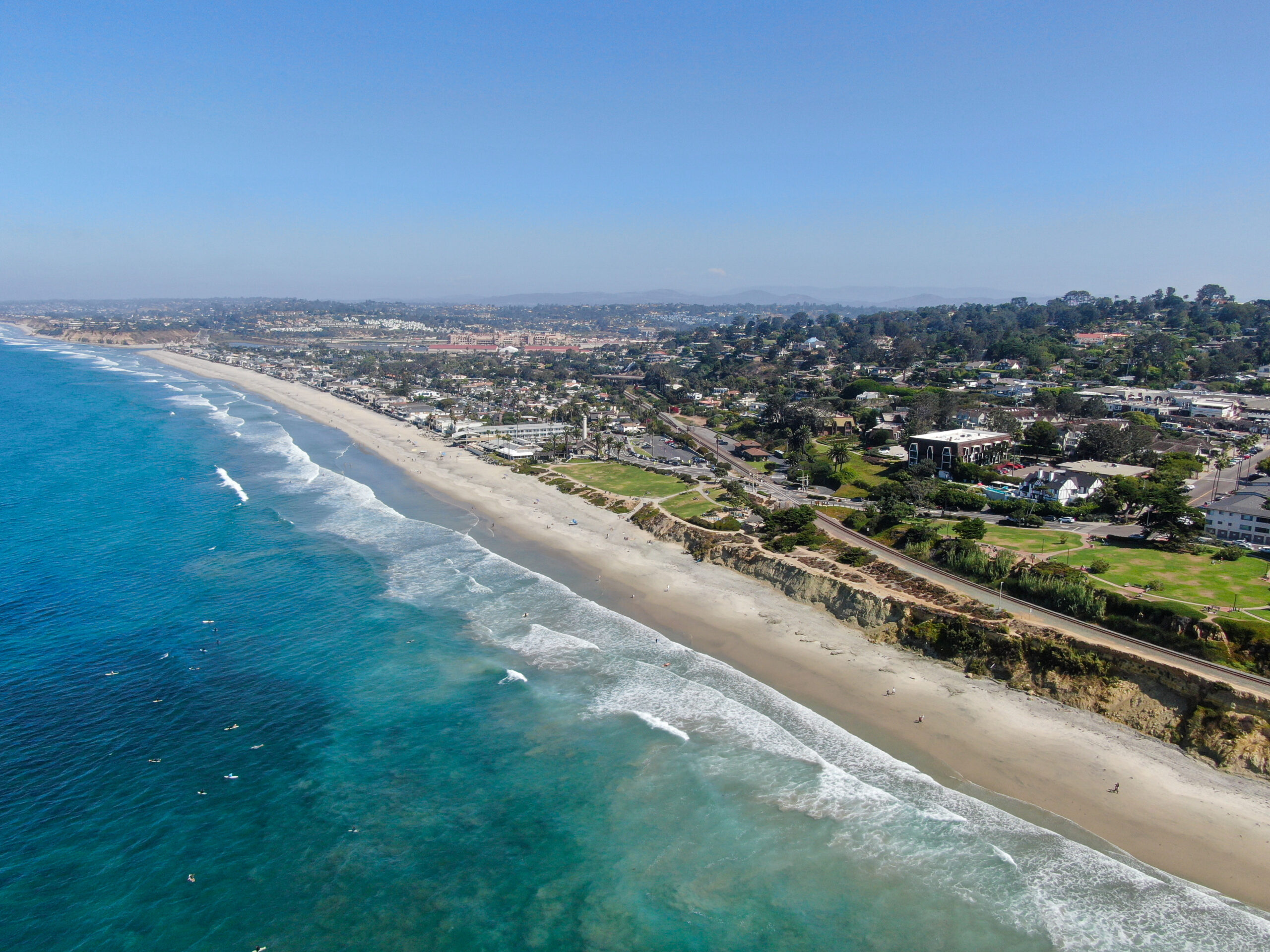 Aerial view of Del Mar coastline and beach, San Diego County, California, USA.